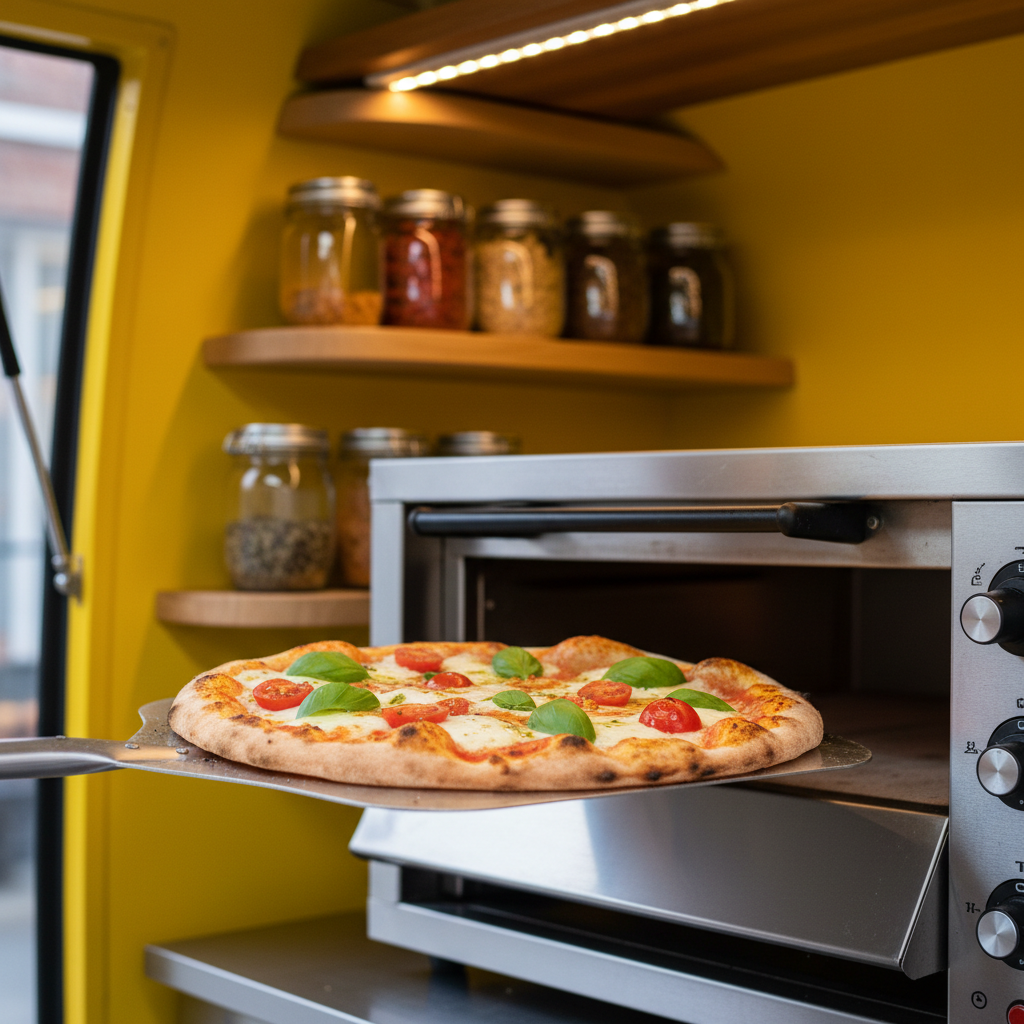 A close-up of a thin-crust pizza sliding out of a compact stainless-steel oven inside a canary-yellow food truck, the crust delicately blistered and golden, topped with melted mozzarella, fresh basil leaves, and vibrant cherry tomato halves glistening with olive oil. The interior of the truck features rounded shelves and colorful ingredient containers, softly out of focus. Overhead LED strips cast warm, even light that highlights the textures of the cheese and crisp crust, while subtle reflections dance on the polished metal surfaces. Captured from a slightly elevated angle with shallow depth of field, the composition feels playful and dynamic, embodying photographic realism with bright, appetizing colors and a cozy, gourmet street-food atmosphere.