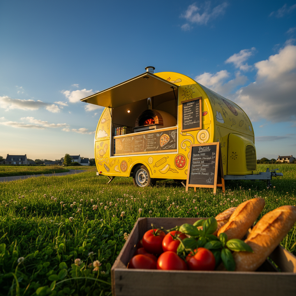 A canary-yellow food truck parked on a lush green roadside near Coray, viewed from a low-angle three-quarter perspective that accentuates its rounded, whimsical silhouette. The side hatch is open, revealing a glowing pizza oven and a neatly arranged menu board with illustrated pizzas and paninis. The sky is a clear, saturated blue with a few fluffy clouds, and golden hour sunlight wraps the truck in a warm, inviting glow, casting long, soft shadows across the grass. In the foreground, a rustic wooden crate holds fresh tomatoes, basil, and crusty baguettes, slightly out of focus. The scene is captured in vibrant, photographic realism with bold colors and a joyful, energetic mood that makes the truck easily noticeable from afar.