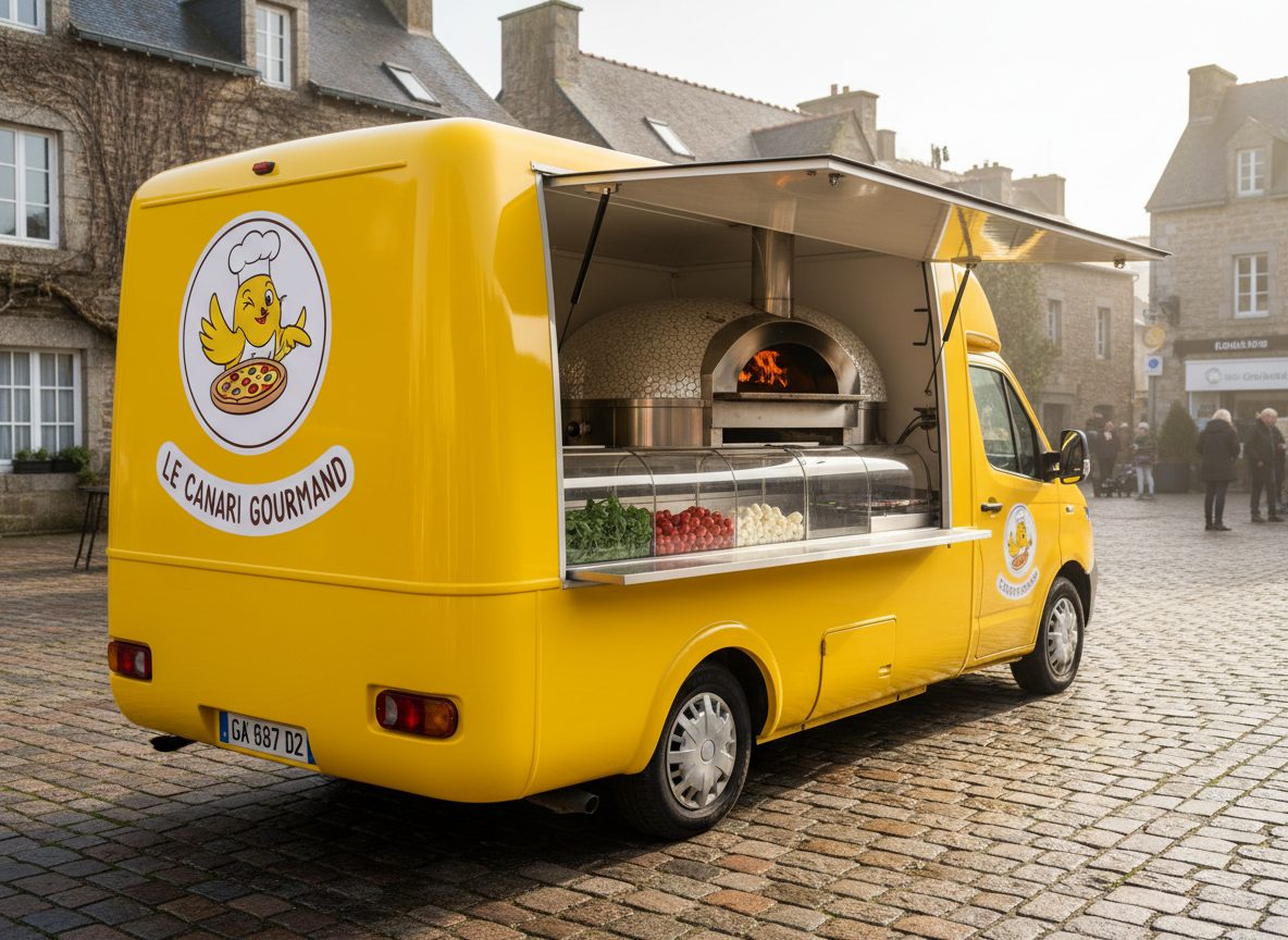 A cheerful canary-yellow food truck with rounded corners and a glossy finish, its side panel fully open to reveal a gleaming stainless-steel pizza oven and neatly arranged ingredient bins bursting with fresh basil, cherry tomatoes, and mozzarella. The truck is parked in a small Breton town square in Coray, framed by low stone buildings in the softly blurred background. Warm late-afternoon sunlight reflects off the curved metal surfaces, casting playful shadows on the cobblestone ground. Shot at eye level with a slight three-quarter angle, the composition emphasizes the truck’s bold color and whimsical logo, creating an energetic, photographic realism scene with bright, saturated tones and a friendly, inviting atmosphere.