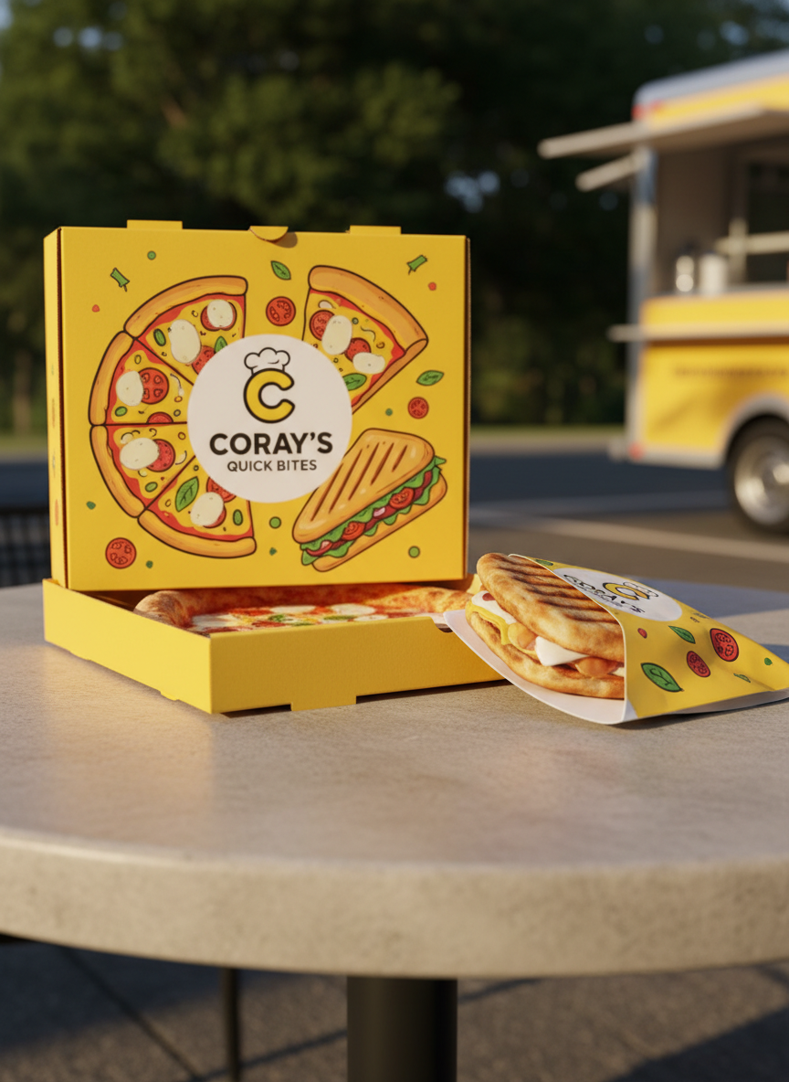 A playful, photographic close-up of a branded pizza box and panini wrapper from a canary-yellow food truck, resting on a smooth outdoor table. The packaging is bright yellow with rounded, cartoon-style illustrations of thin-crust pizzas and toasted paninis, accented by bold red and green details that hint at fresh ingredients. The box is slightly open, revealing a glimpse of a perfectly baked slice with bubbling cheese and crisp edges, while the panini wrapper cradles a golden, grill-marked sandwich. Soft natural daylight from the side creates gentle highlights on the glossy print and subtle shadows along the table surface. Shot from a slightly elevated angle with a clean, softly blurred background, the composition feels modern, energetic, and unmistakably playful, reinforcing the fun identity of the Coray food truck.