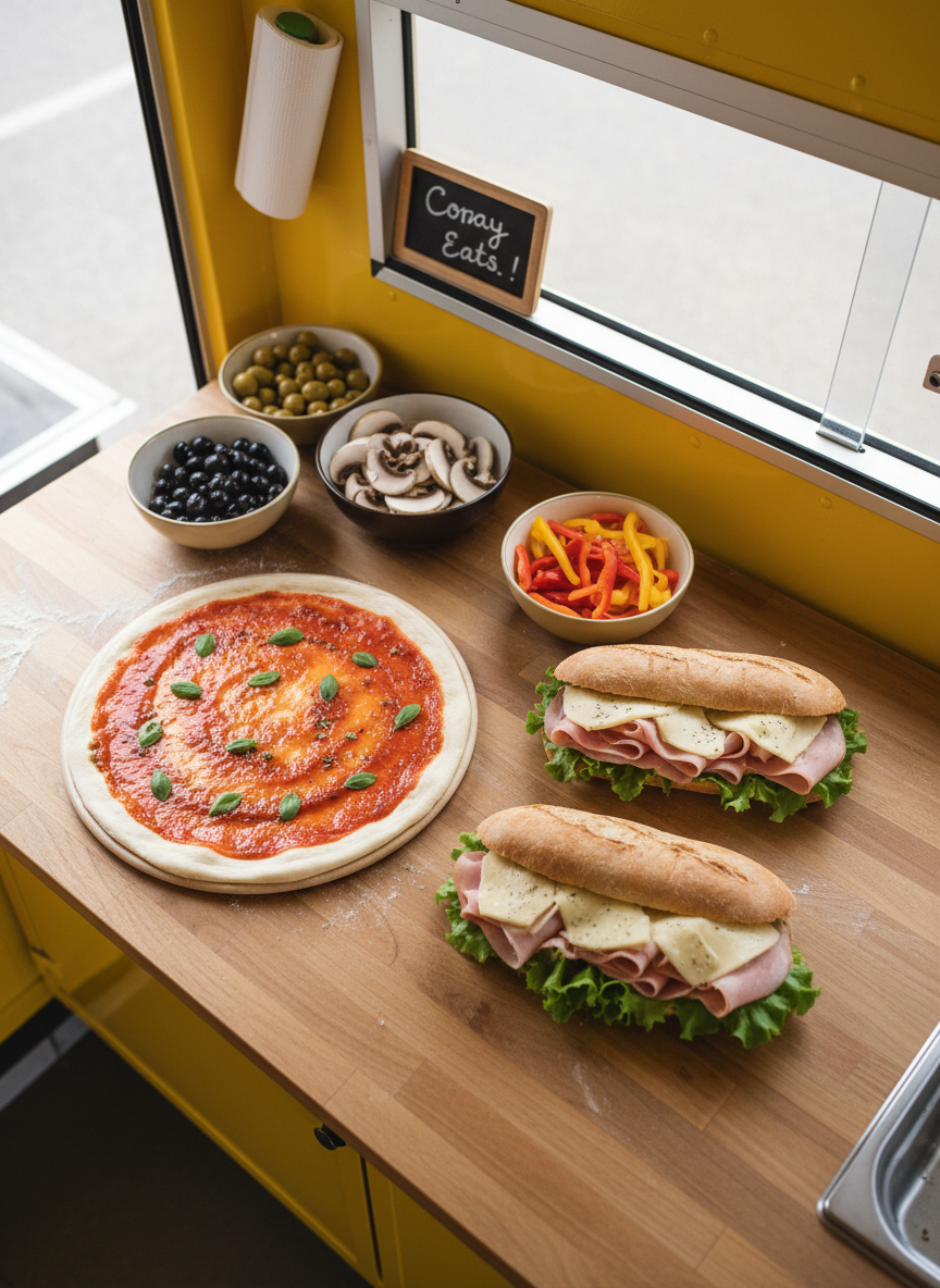 An overhead view of a wooden prep counter inside a canary-yellow food truck in Coray, where an uncooked thin-crust pizza and a panini are being assembled side by side. The pizza dough is stretched into a perfect round, brushed with vivid red tomato sauce and sprinkled with fresh oregano, while the panini bread is open, generously layered with cured ham, melted cheese, and crisp green salad. Surrounding them are small rounded bowls overflowing with olives, mushrooms, and colorful peppers. Soft diffused daylight filters through the truck’s service window, creating gentle highlights on the fresh ingredients. The composition is bright and graphic, with a playful, photographic realism style that emphasizes vibrant colors, rounded forms, and an energetic, organized workspace.